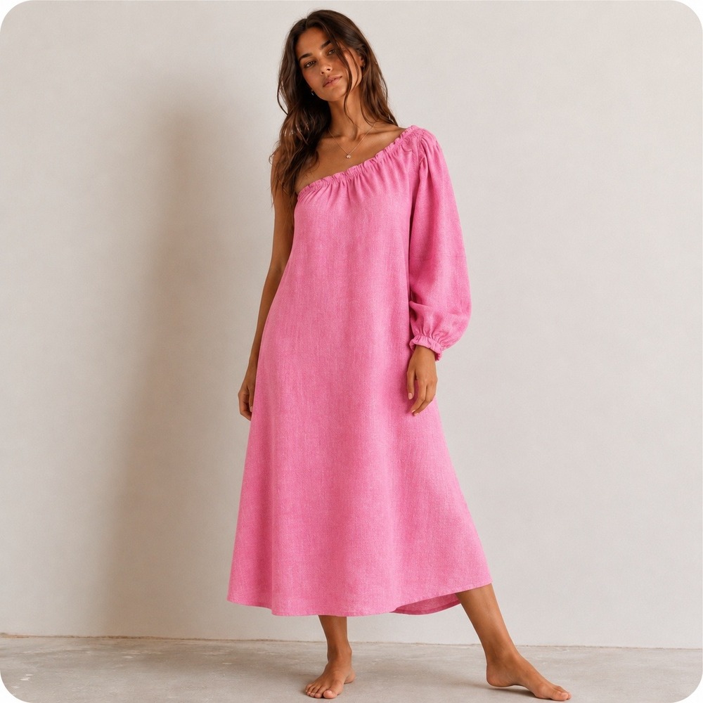 LAKE One Shoulder Linen Maxi Dress Women 10 Pink Ruffle Puff Sleeve Coastal NWOT